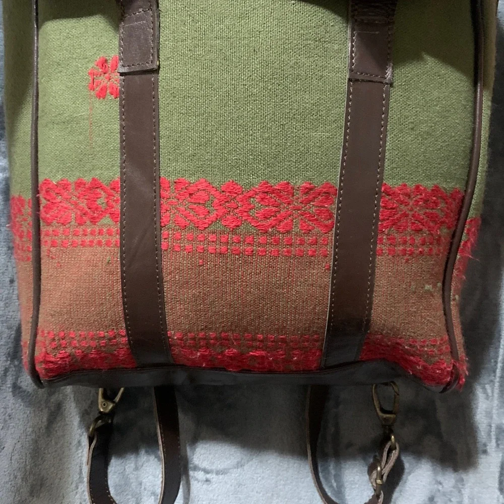 Backpack Womens Tribal Woven Fabric Leather Green Red Boho Embroidered